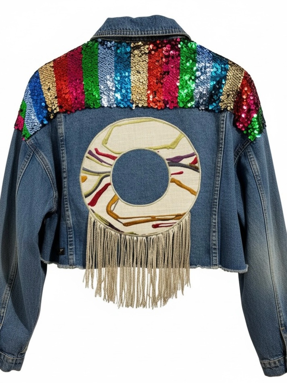 Phish Inspired Signature8 Blue Denim Jacket with Multicolor Sequin Shoulders - Picture 2 of 2